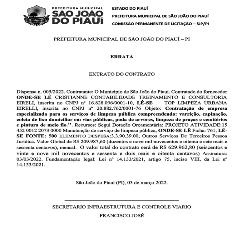 Contrato assinado pelo prefeito de São João do Piauí.