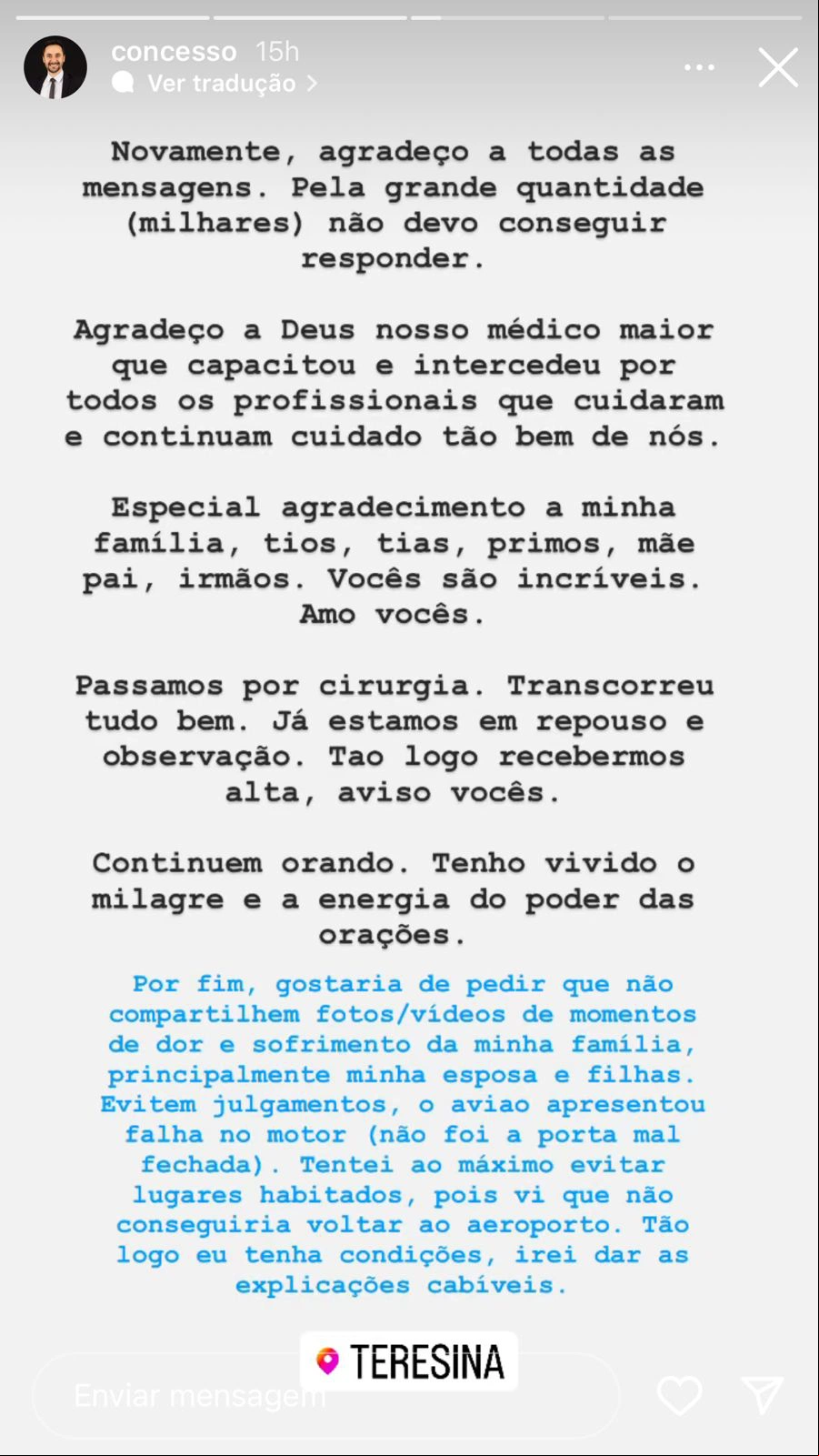 Storie que o advogado Arcedino Concesso publicou no Instagram.