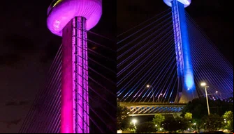 Ponte Estaiada nas cores rosa e azul.